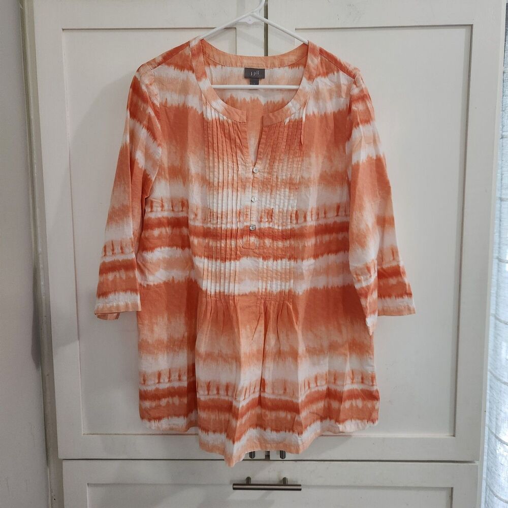 J Jill Tie Dye Coral Orange White Tunic Top Large Roll Tab Sleeve Beach Peasant